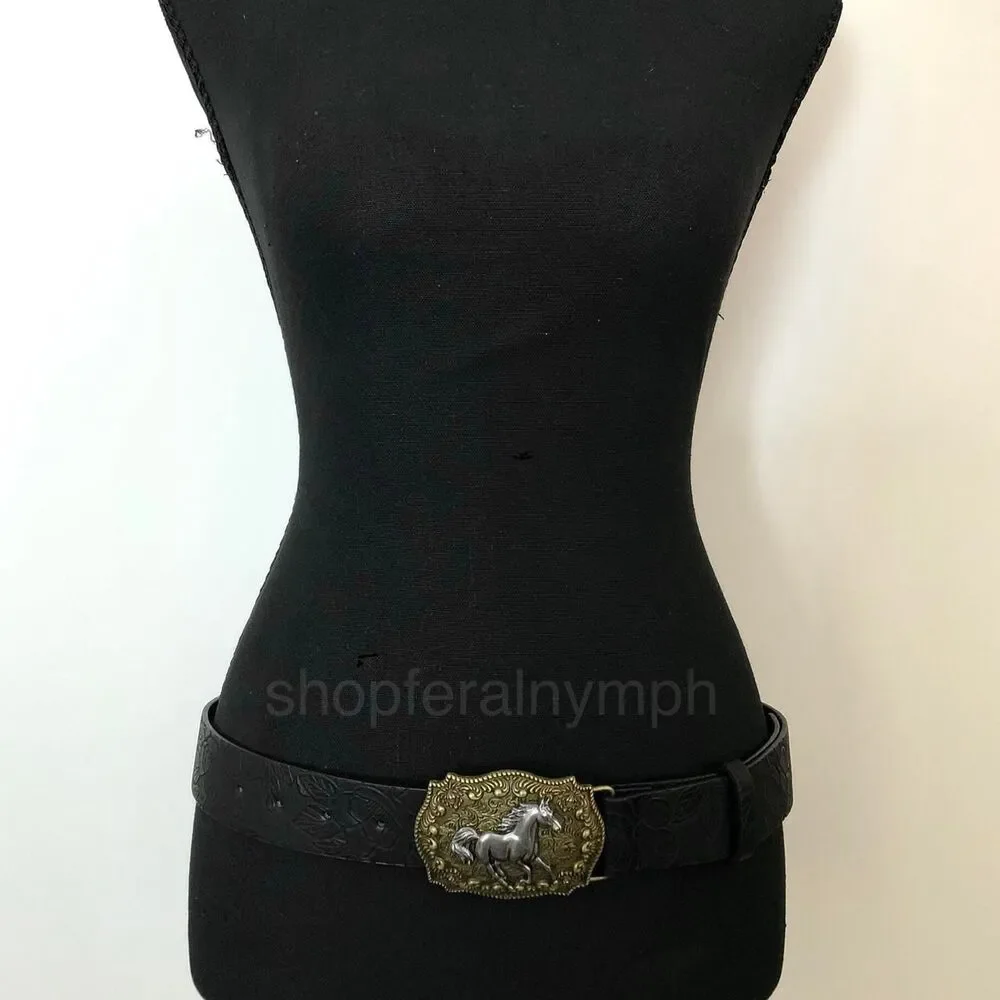 Y2K Cowgirl Black Embossed Floral Horse Buckle Belt, 31-40.5 Inches, X7GA1122